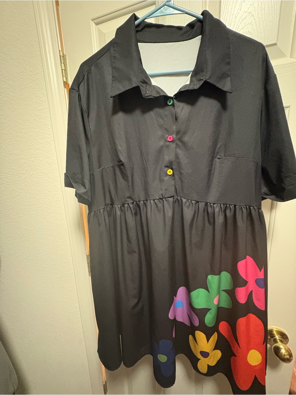 SHEIN Babydoll Black Dress with Multicolor Floral Hem and Colorful Buttons